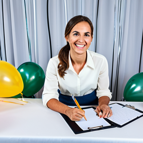 Home 4 The Flexible Event Planner**
"A professional event organizer, female, fully clothed in a modest and stylish blouse and slacks, holding a clipboard and smiling calmly amidst a slightly chaotic scene of event setup (balloons, decorations, but nothing unsafe or broken). In the background, a stage is being adjusted. The overall feeling is one of control and preparedness despite minor challenges. 'Safe for work', appropriate content, professional, family-friendly, perfect anatomy, correct proportions, natural pose, well-formed hands, proper finger count, natural body proportions, high resolution, professional photography."
**