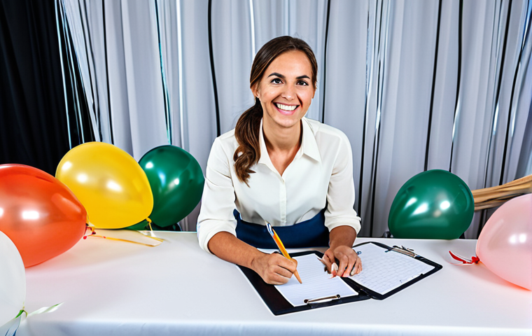 The Flexible Event Planner**

"A professional event organizer, female, fully clothed in a modest and stylish blouse and slacks, holding a clipboard and smiling calmly amidst a slightly chaotic scene of event setup (balloons, decorations, but nothing unsafe or broken). In the background, a stage is being adjusted.  The overall feeling is one of control and preparedness despite minor challenges.  'Safe for work', appropriate content, professional, family-friendly, perfect anatomy, correct proportions, natural pose, well-formed hands, proper finger count, natural body proportions, high resolution, professional photography."

**