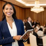 공연기획사 직무에 필요한 자격증 추천 - **Prompt:** A confident female event professional in her early 30s, with a radiant smile, stands poi...