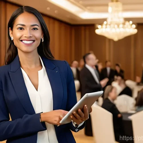 공연기획사 직무에 필요한 자격증 추천 - **Prompt:** A confident female event professional in her early 30s, with a radiant smile, stands poi...