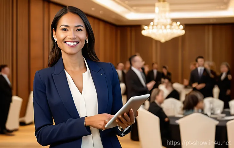 공연기획사 직무에 필요한 자격증 추천 - **Prompt:** A confident female event professional in her early 30s, with a radiant smile, stands poi...
