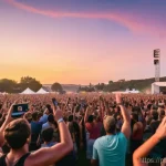 공연기획사 이직 준비 가이드 - **Vibrant Summer Music Festival Crowd at Sunset**
    A wide-angle shot capturing a diverse and joyf...