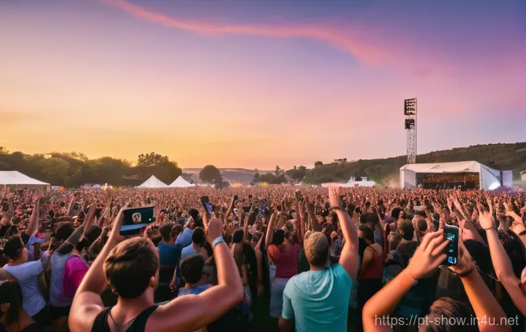 공연기획사 이직 준비 가이드 - **Vibrant Summer Music Festival Crowd at Sunset**
    A wide-angle shot capturing a diverse and joyf...