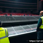 공연기획사 근무 환경 분석 - A dynamic, wide-angle shot of an event production team, diverse in age and gender, working frantical...