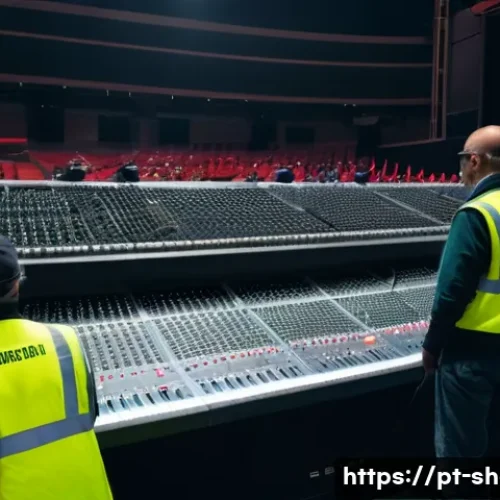 공연기획사 근무 환경 분석 - A dynamic, wide-angle shot of an event production team, diverse in age and gender, working frantical...