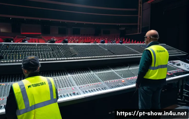 공연기획사 근무 환경 분석 - A dynamic, wide-angle shot of an event production team, diverse in age and gender, working frantical...