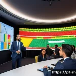 공연 기획서 성공적으로 발표하기 - A professional event presenter standing confidently on stage in a modern conference room, engaging a...
