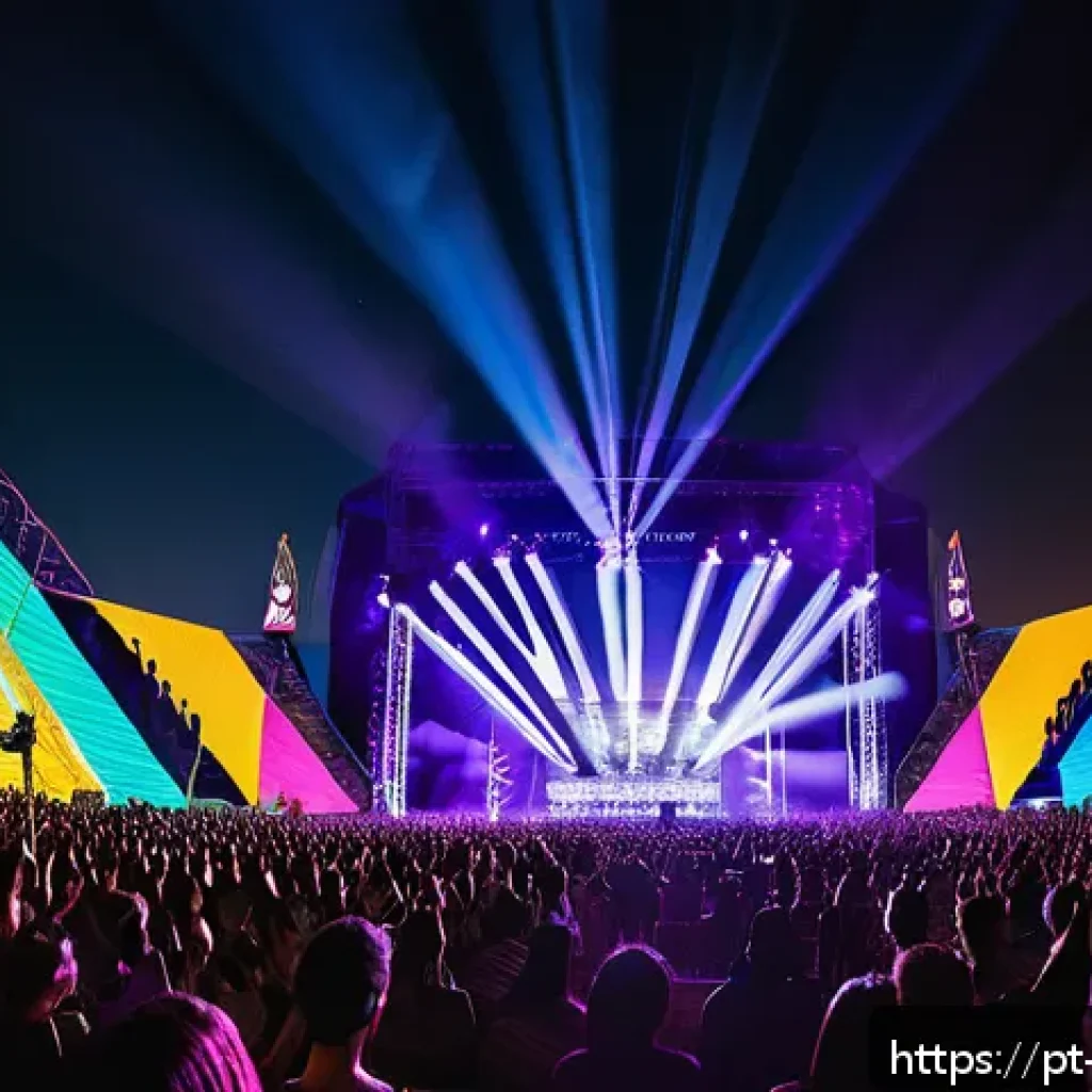 공연기획사의 프로젝트 관리 방법 - A vibrant electronic music festival scene at night in São Paulo, Brazil, featuring a large crowd of ...