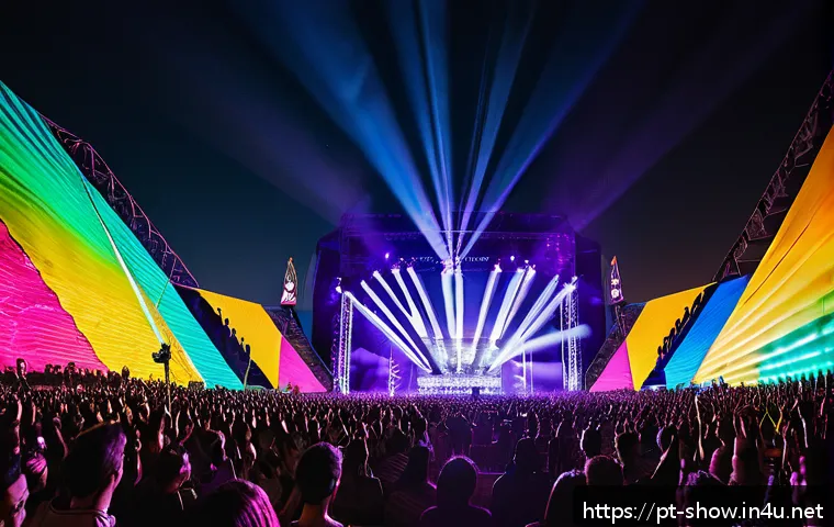 공연기획사의 프로젝트 관리 방법 - A vibrant electronic music festival scene at night in São Paulo, Brazil, featuring a large crowd of ...