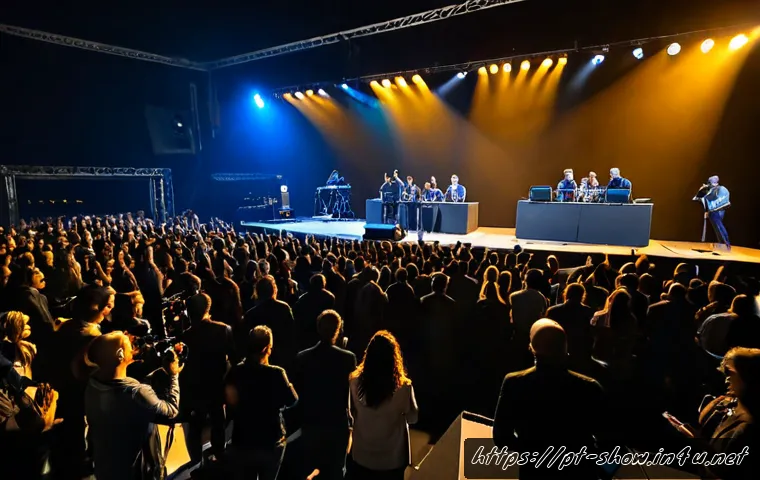 공연기획사에서의 성공적인 이벤트 개최 - Photorealistic wide-angle view of a successful live music event in a modern Lisbon waterfront venue,...
